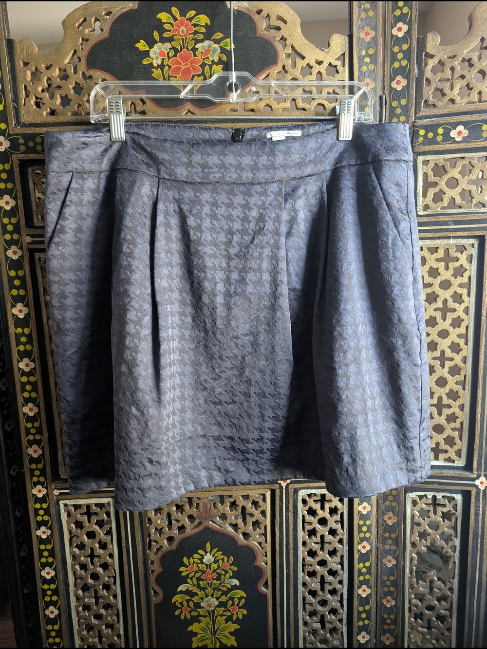 Halogen Charcoal Houndstooth Jacquard Pleated A-line Mini Skirt